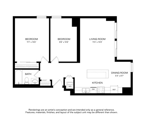 A black and white drawing of a house layout with dimensions.